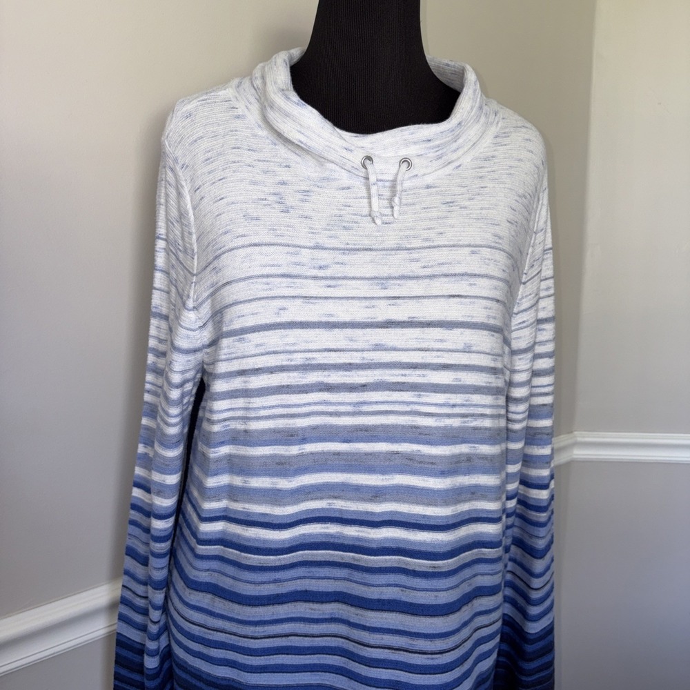 T By Talbots Top Women's XL Blue Ombre Stripe Drawstring Cowlneck Minimalist - Picture 9 of 15